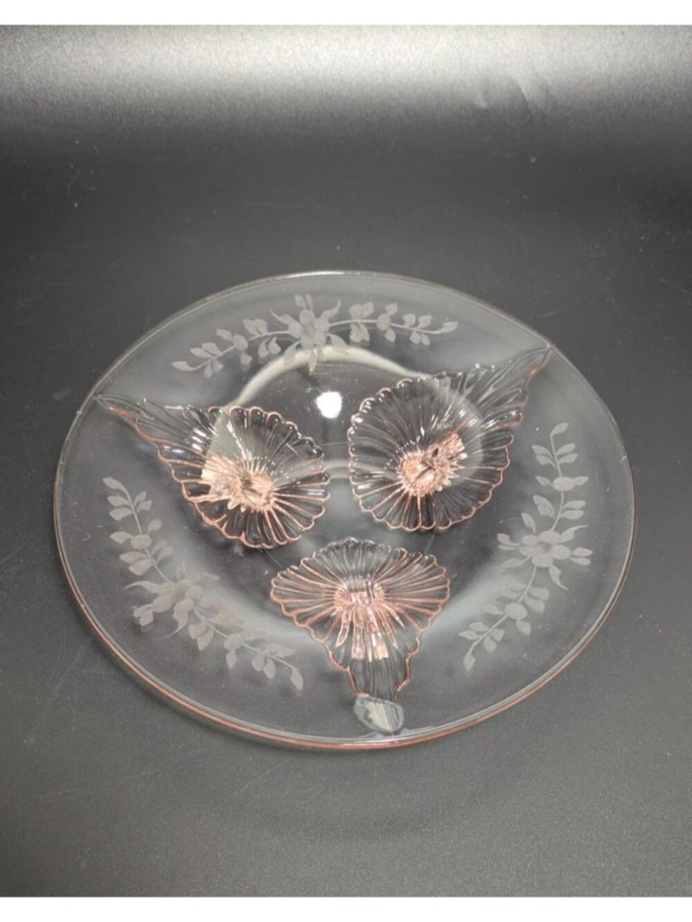 Pink Depression Glass Etched Floral 3 Footed Candy Dish Round Vintage Elegant